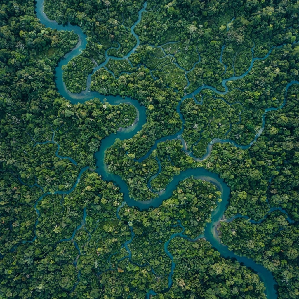 Aerial view of a teal river winding through dense green forest