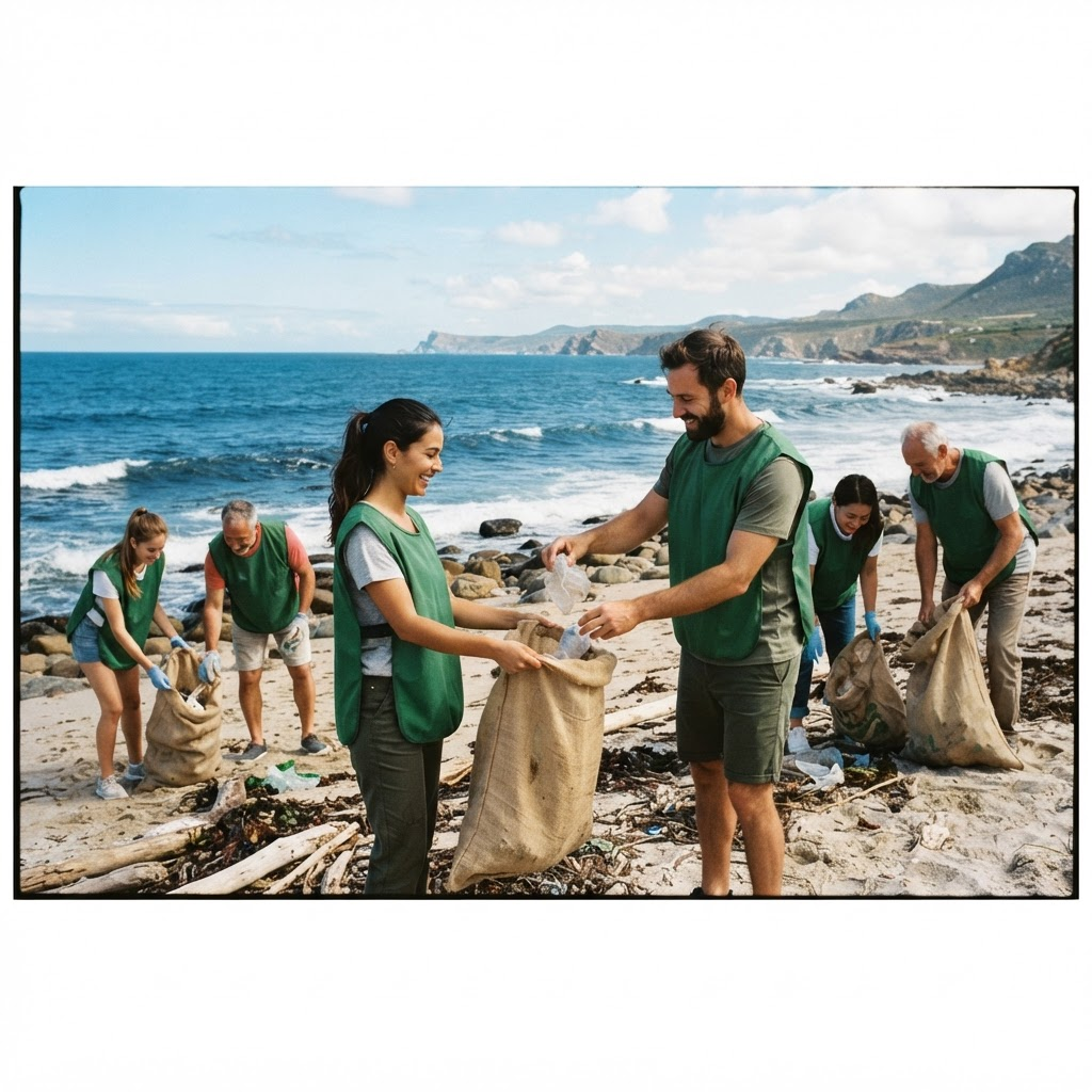 Volunteers cleaning a coastline
