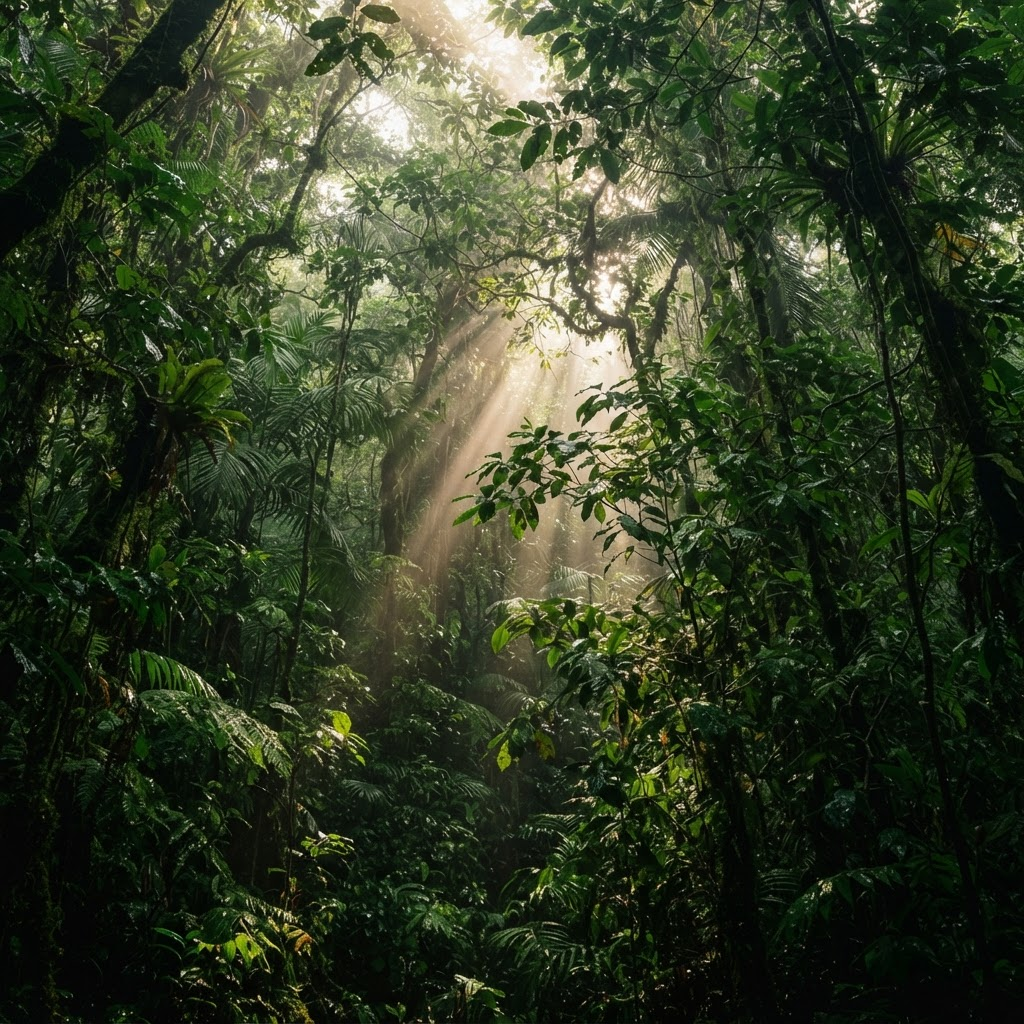 Sunbeams through a dense rainforest canopy