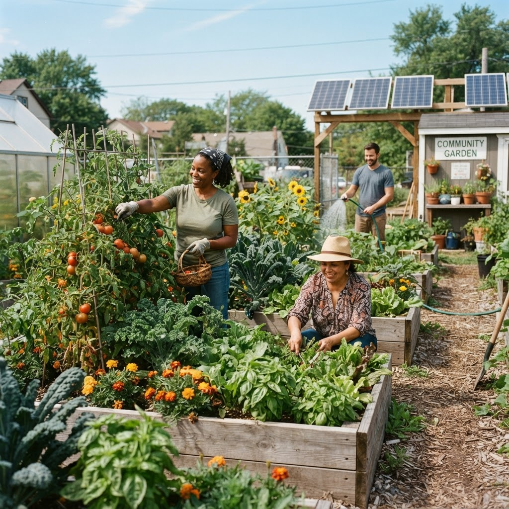 Community garden with raised beds and solar panels
