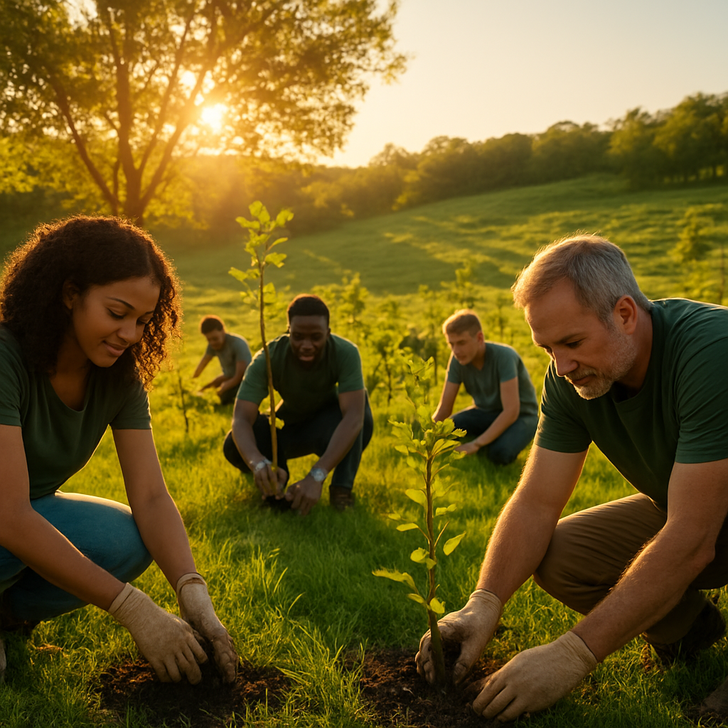 Community volunteers planting trees on a green hillside at golden hour