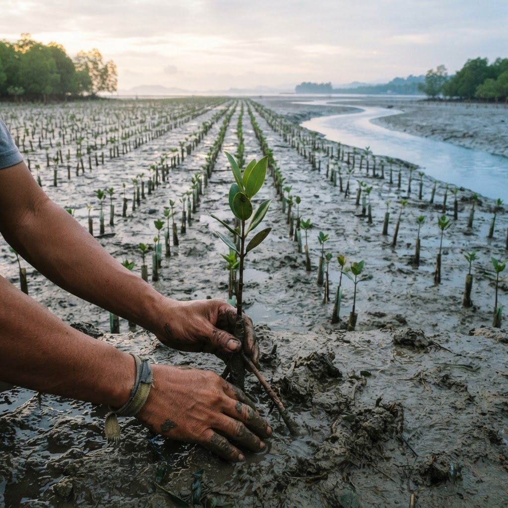 Hands planting a mangrove sapling in coastal mud