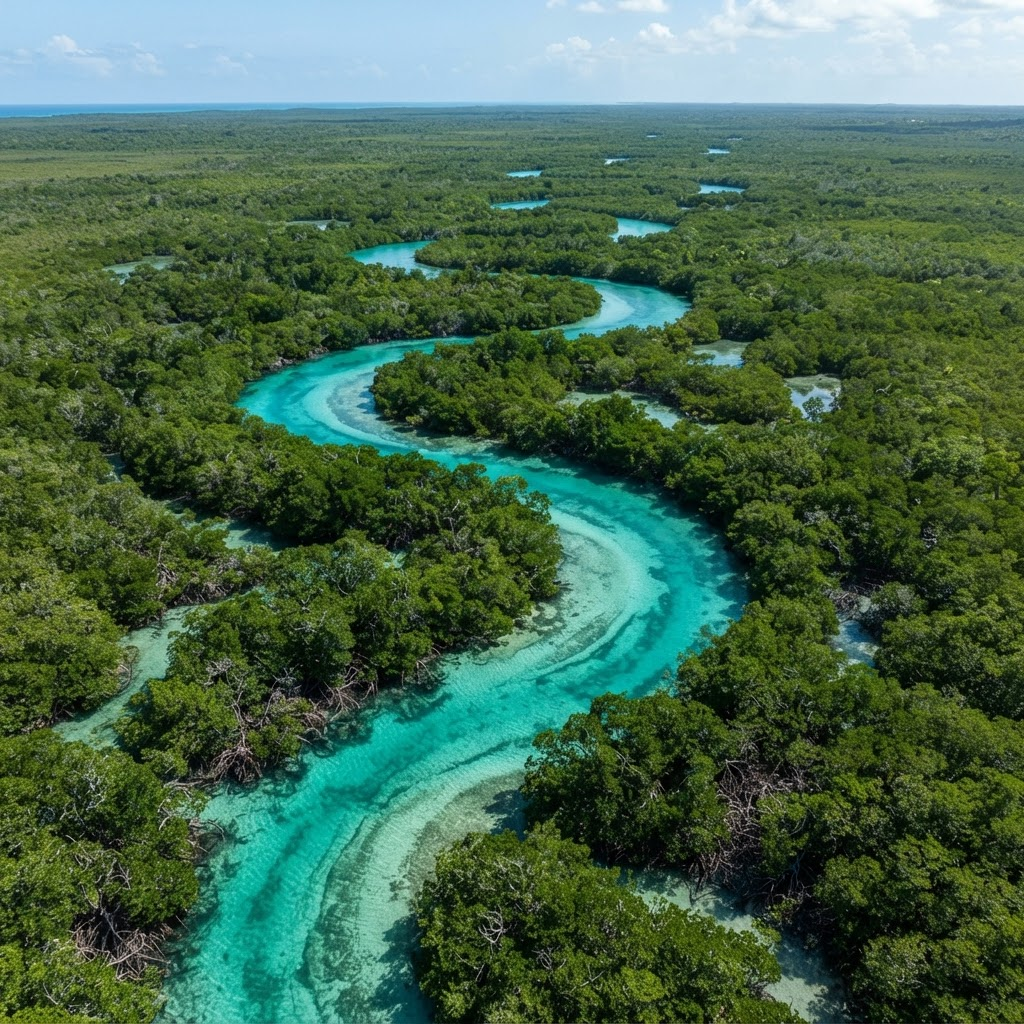 Clear turquoise river winding through mangroves