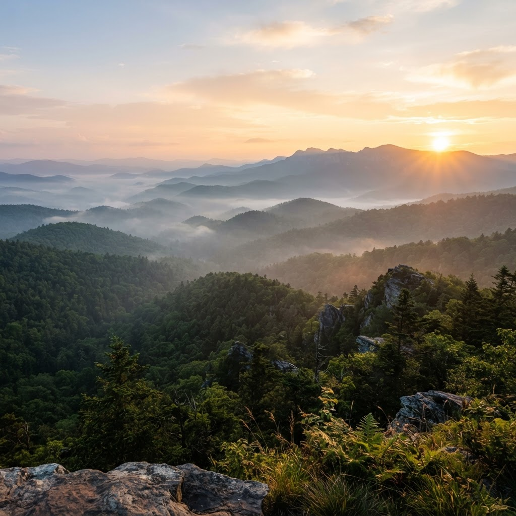 Sunrise over a misty green forest valley