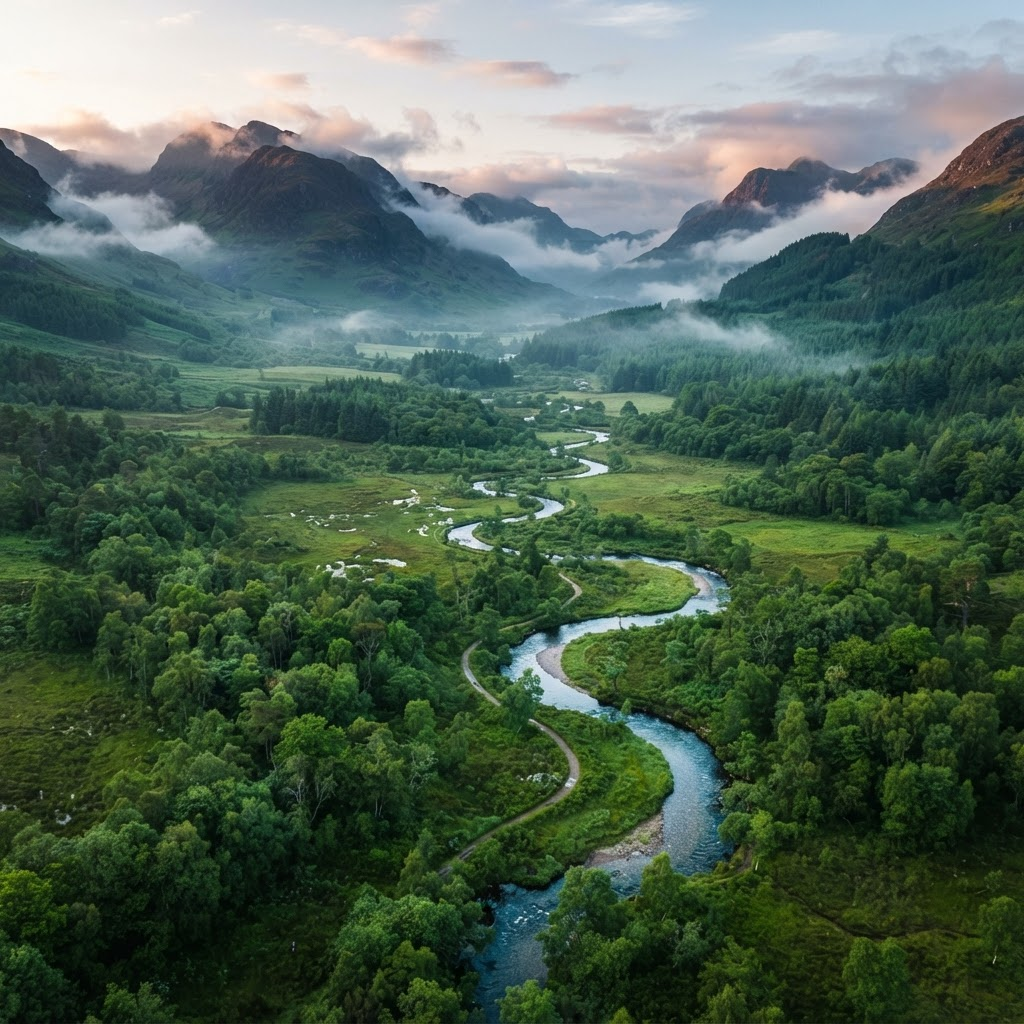 Restored green valley with young forest and morning mist