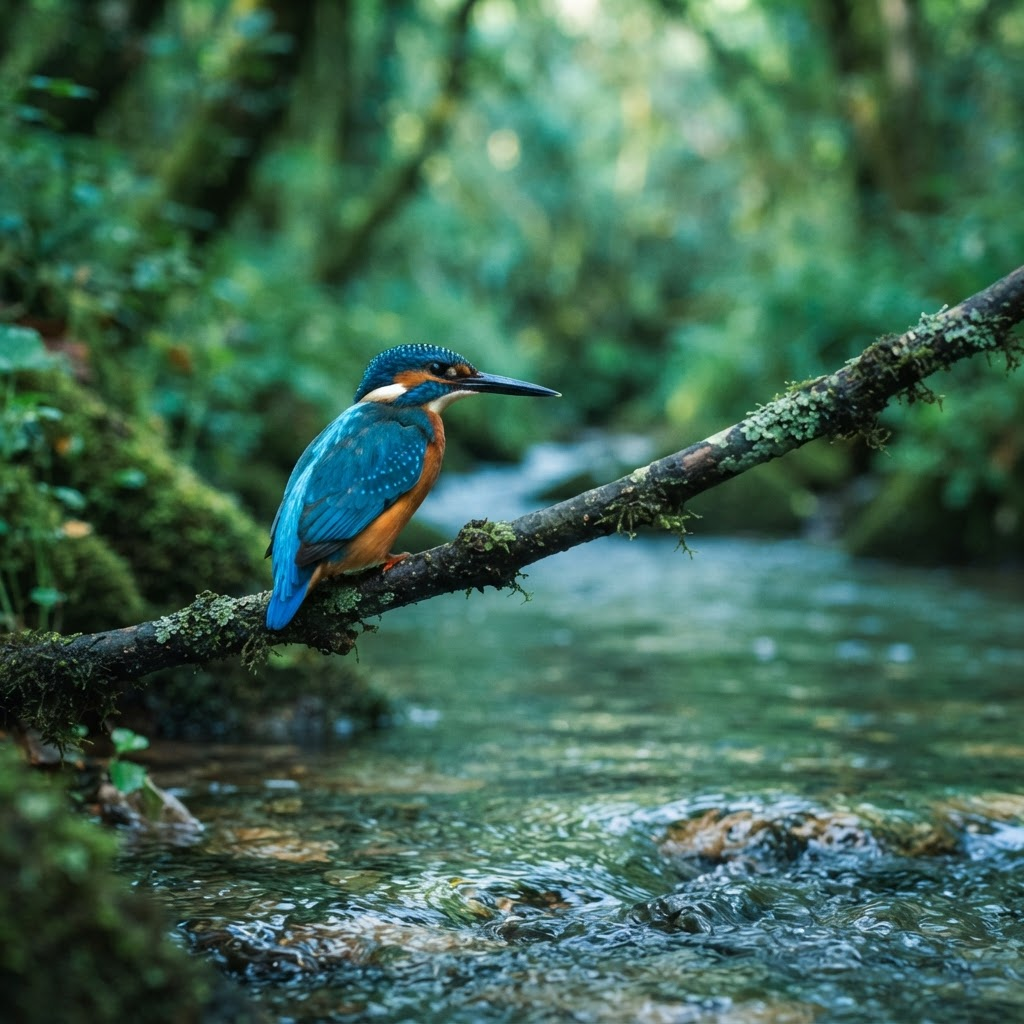 Kingfisher perched above a clear forest stream