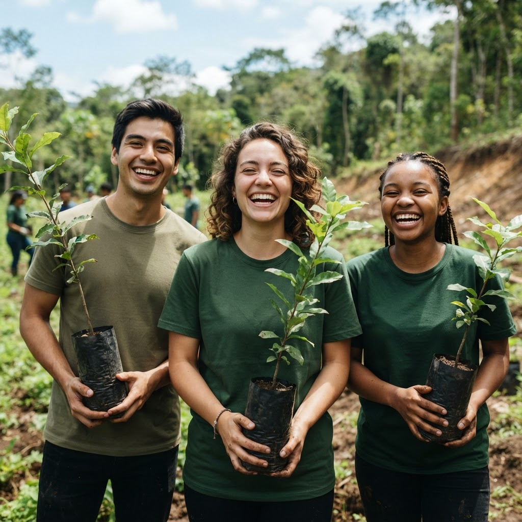 Young volunteers holding tree saplings